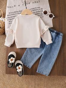 2pcs Baby Girls Casual Floral Applique Long Sleeve Top With Pocket & Denim Pants Set, Spring/Autumn