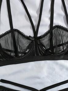 Fashionable French Charm Hollow Design, Sexy Mesh Sheer Black Bra, Alluring Semi-See-Through Lingerie With Low-Waist Thong - Black - View 5