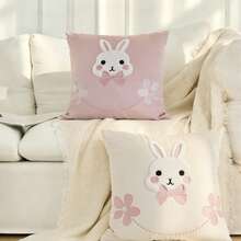 1pc Easter Bunny Pillow Cover, Faux Fur Embroidered Decorative Cushion Cover With Cute Rabbit & Bow, Suitable For Easter, Spring, Home Decor, All Season - Multicolor - View 7
