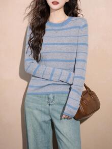 Alicedudu Women's Autumn/Winter Striped Crew Neck Pullover - Blue - View 5