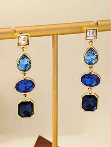 1 Pair Fashionable European And American Geometric Rhinestone Earrings, Vintage Palace Style Gradient Earrings, Versatile High-End Earrings Suitable For Women's Daily Wear - Blue - View 5