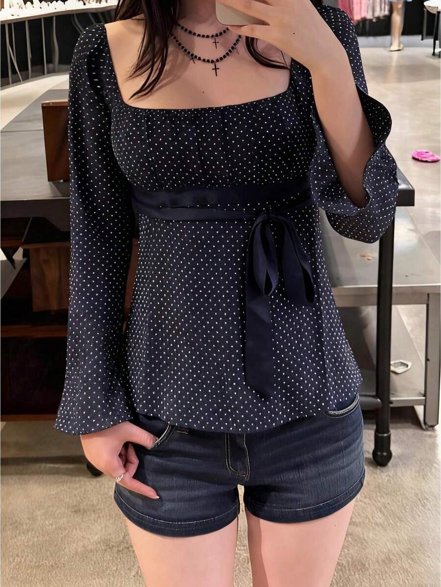 Women Fairy Grunge Y2k Babydoll Shirt Long Flare Sleeve Polka Dot Tie Back Flowy Preppy Tees Top Backless Square Neck Vintage Aesthetic Blouse - 藏青色 - 查看 1