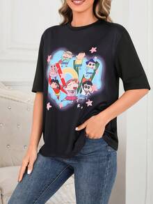 CRAYON SHINCHAN 1pc Women's Crayon Shin-Chan Milk Silk Soft & Skin-Friendly Minimalist Cartoon Print Pullover Sweatshirt, Spring/Summer Short Sleeve - Black - View 4