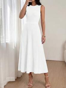 Women Summer Sleeveless Midi Dress Crewneck Ribbed Knit Pleated Swing A-Line Flowy Dress Solid Color Casual Spring Holiday Vacation Valentine Long Midi Dress Outfits - trắng - Xem 1