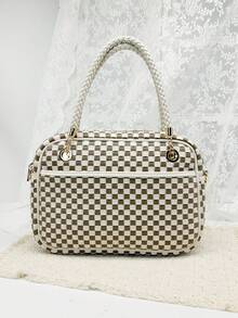 Checkered Crossbody Bag For Women Shoulder Plaid Handbags Top Handle Satchel Bag Woven Bum Bag Stylish Woven Crossbody Bag PU Leather - 灰白格子 - 查看 7
