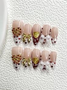 10pcs Romantic Valentine's Day Nail Stickers, Including Coffin Shape, Almond Shape, Duck Shape, French Manicure Stickers, Gold Hearts, Bow Nail Decorations, Hand-Painted Lips, Shiny Hearts, White Nail Polish, Faux Pearls And Red Rhinestones. Includes Tool Kit (1 Jelly Sticker + 1 Nail File), Ideal For Women To Use On Parties, Holidays, Dates, Valentine's Day And Other Occasions, Perfect Nail Art Supplies. Nails - Nhiều màu - Xem 3