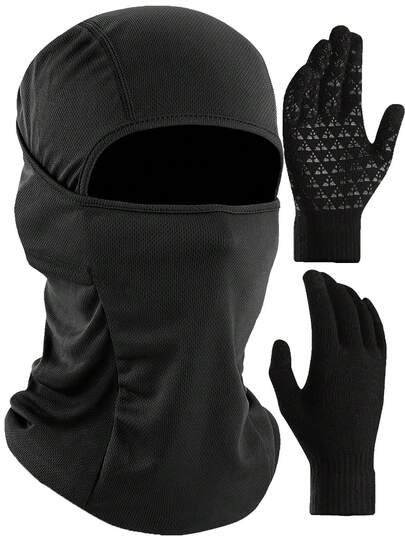 两件套男士黑色针织拉法帽滑雪面罩触屏手套，均码，涤纶材质，防风透气，休闲运动面罩及暖手器，适合日常骑行、滑雪等户外活动