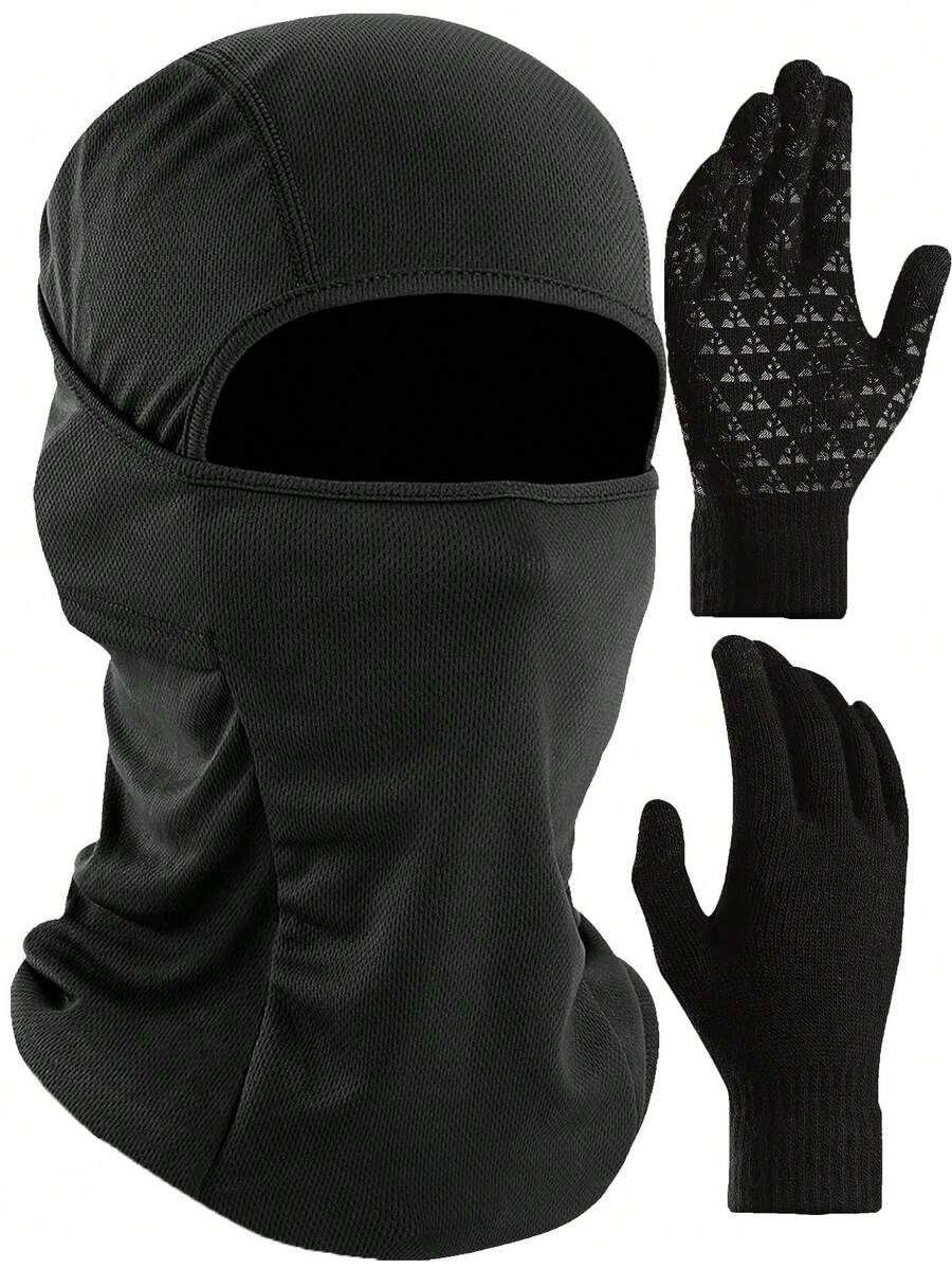 两件套男士黑色针织拉法帽滑雪面罩触屏手套，均码，涤纶材质，防风透气，休闲运动面罩及暖手器，适合日常骑行、滑雪等户外活动