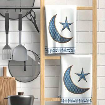 Ramadan Kitchen Towel Set (1/1/2 Pcs) - Highly Absorbent, Soft Polyester Dish Cloths Decorated With Festive Moon And Star Patterns, Minimalist And Elegant Design. Size: 40*60cm - Suitable For Cooking And Baking, Also Fit For Decorating Living Room, Kitchen, Dining Room And Holiday Parties, Can Also Be Used As Housewarming Gift.