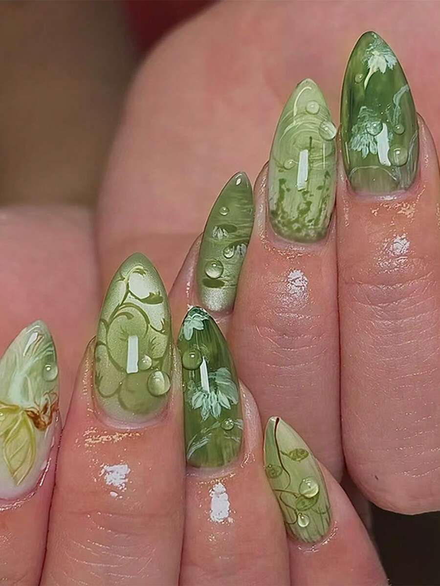 24片杏仁形美甲贴纸，法式流苏绿色花朵猫眼美甲，简约甜美，可重复使用，适合女性日常生活和旅行美甲用品 - 彩色 - 查看 1