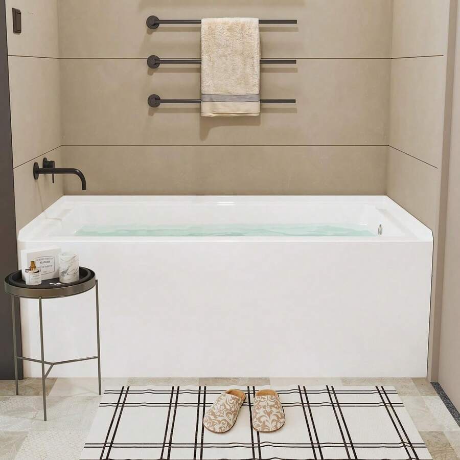 60" X 30" Acrylic Drop-In Bathtub, Glossy White Soaking Tub With Storage Ledge, Right Drain & Integral Flange - Right Drain - View 1
