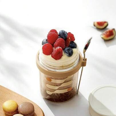 1pc Storage Container, Leak Proof Overnight Oats Sealed Containers With Lids And Spoons, 12 Oz Reusable Glass Mason Overnight Oats Jars, Large Capacity Airtight Jars, For Milk, Cereal, Fruit And Yogurt, Restaurant Kitchen Accessories