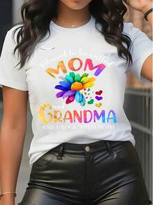 Damen Lässig Rundhals Kurzarm T-Shirt mit Grafik "Mutter und Großmutter" sowie floralem Herzdruck, Muttertagsshirt - Weiss - Übersicht 1