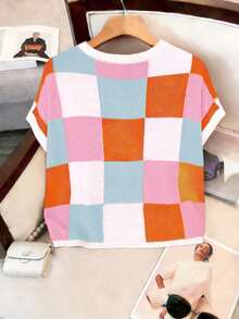 Plus Size Women Colorful Plaid Crew Neck Casual Aran Knit Sweater Pullover - Multicolor - View 6