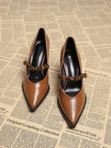 Giày cao gót thời trang công sở nữ xuân 2025 mới, giày lười mũi nhọn màu nâu trơn đơn giản trang trí kim loại, giày lười gót dày thanh lịch tối giản chất lượng cao, phù hợp với quần ống rộng và váy - màu nâu - Xem 3