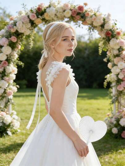 1/5/10 piezas Abanicos de papel redondos con forma de corazón blanco, con patrones florales y de pájaros aleatorios, abanicos de papel plegables, suministros de boda europea al aire libre, decoración de banquetes y del hogar (La superficie del abanico está hecha de papel, que es frágil, por favor usar con cuidado)