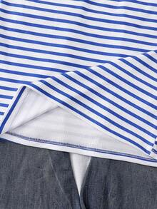 1pc Girls' Elastic Ribbed Fabric Casual Minimalist Classic Retro Ribbed Design Button Short Sleeve T-Shirt, Spring/Summer - Blue - View 7