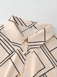 大码女装春夏时尚通勤优雅百搭印花腰带束腰长袖修身中长款衬衫，适合办公室、约会、优雅场合。 - 杏色 - 查看 6