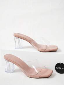 NANBEI ZUO Wide Fit Women's Fashionable Elegant Apricot Square Toe Transparent Strap Plus Size One-Piece Slip-On Crystal Heel High Heel Sandals, Summer New Minimalist Versatile Chunky Heel Slide Sandals, Suitable For Office/Street/Mall/Date Wear - Apricot - View 6