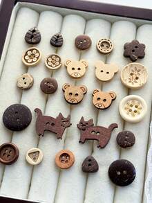 20/50/100颗棕色卡通木质纽扣，尺寸10-30毫米，熊猫、小猫、花朵造型，手工DIY缝纫装饰纽扣，适用于服装、剪贴簿等。