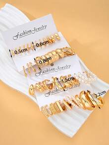 48pcs/12sets Vintage Elegant Minimalist Bohemian Style Teardrop Flower Geometric Faux Pearl Stud Earrings Set, Women Daily Wear, Birthday/Valentine's Day Gift For Girlfriend/Mom (No Box) - Yellow Gold - View 9