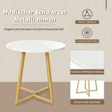 Round Dining Table (1 Piece), Kitchen Table, Unique Metal Frame, Modern Marble Texture, Suitable For Dining Room And Living Room, White/Gold. - White - View 5