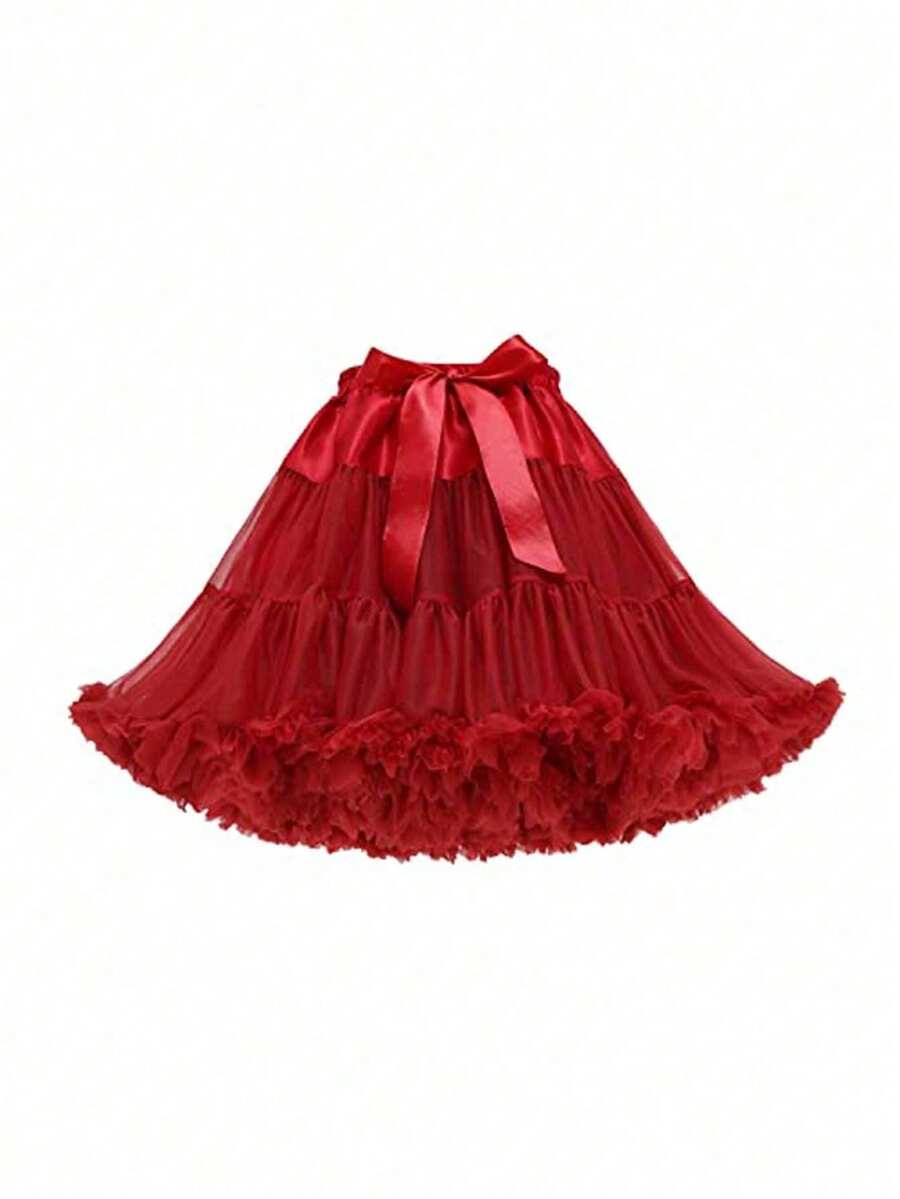 XKTRXF 女士薄纱裙，松紧腰雪纺迷你吊带裙，公主芭蕾舞裙，衬裙，泡泡裙，成人白色裙子 - 酒紅色 - 查看 1