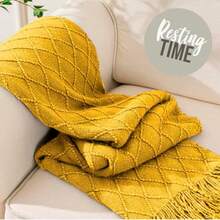 FIAN MACAR Pie de Cama Camino Decorativo para Colcha o cobertor Suave y Ligera con Textura Decorativa y Flecos. - Mostaza+Estándar - Ver 3