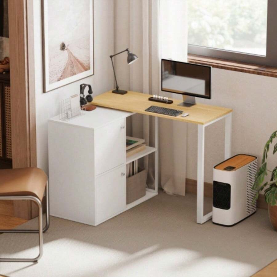 L-Shaped Desk, 360° Rotating Corner Desk With 2 Storage Cabinets, 2 Open Shelves, Computer Desk For Small Spaces, Study, Living Room, 150x40x75 Cm, White - 白色 - 查看 1