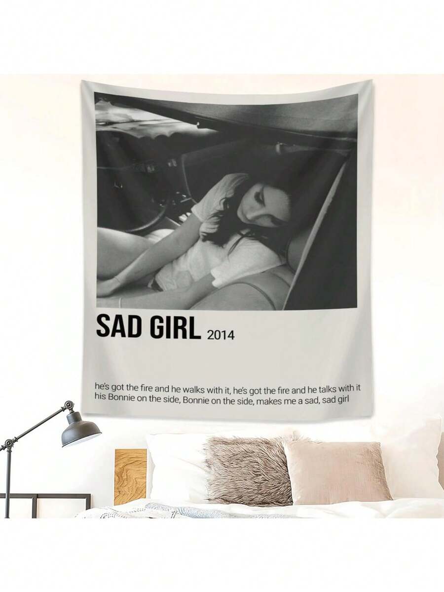 Lana Sad Girl 2014 Retro Tapestry - Vertical Wall Hanging Poster With Bonnie From Bonnie On Side - Minimalist Black & White Photo Decor - Soft Texture Peach Beige Fabric - Gothic Room Decor For Living Room, Bedroom, Office - Inspired Wall Art - Fun Design For Halloween & Christmas Party Decoration - Retro Style Tapestry With Iconic Imagery, Tapestries, Tapestry For Bedroom, Tapestry Funny - 彩色 - 查看 1