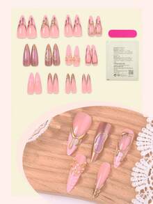 Y2K Heavy Metal Acrylic Nail Art 24Pcs Stiletto Press On Nail Tips, DIY Art Metal Chrome/White Beads/Gold Beads Decorative Accessories 3D Fake Nail Set, Suitable For Nail Salons, Women's Daily Wear, Holiday Parties, And Gift Giving - Multicolor - View 2