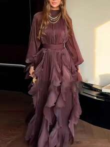 Vestidos Elegantes De Mujer,Women's Elegant And Stylish Ruffled Fitted Dress - 紫色 - 查看 5