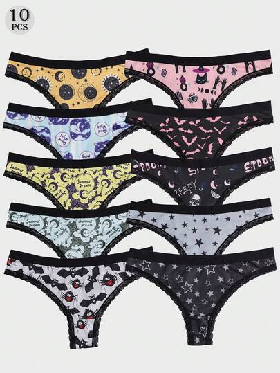 Dircho 10PCS Women's Mystic Print Briefs Set & Celestial Pattern & Bat DesignBlack Lace Trim & Soft Fabric & Colorful MixDaily Comfort Underwear & Playful Edgy Style