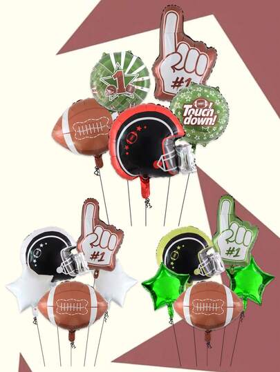 5件套足球主题气球套装，包括首攻手势气球、足球头盔气球和18英寸星形气球，适合生日派对、运动主题派对和足球派对装饰。