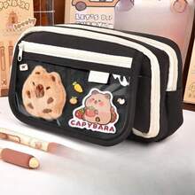Three-Color Capybara Pencil Case Set - Including Capybara Stickers, Etc., A Beautiful Stationery Bag That Is Loved By Shoppers - Black [send Same Doll + 5 Random Guinea Stickers] - View 1