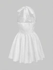 Elegant Solid Color Minimalist Commute & Date Fashionable Special Print Textured Fabric French Style Cinched Waist Neck Versatile Dress Party White - White - View 9