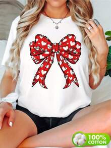 Camiseta unisex de gran tamaño con lazo y corazón - Lazo rojo y blanco, patrón de corazón, camiseta cómoda de cuello redondo, adecuada para mujeres, regalo de San Valentín, tallas 0XL a 4XL, ropa casual |   Diseño optimista | - Blanco - Ver 1