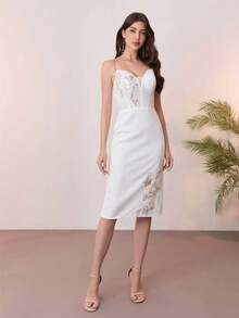 优雅无袖V领蕾丝贴花中长连衣裙，白色，适合新娘送礼会或白色A字婚纱 - 米色 - 查看 1