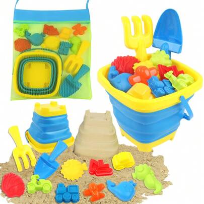 Juego de 13 piezas de juguetes de playa, juguetes para caja de arena para niños, que incluye modelos de coche, avión, ballena y concha, set de herramientas de playa, cubo con bolsa de malla, adecuado para niños de 3 a 12 años