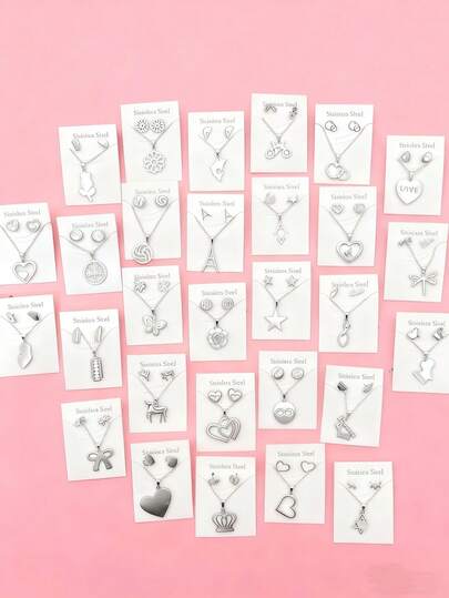 10Sets Fashion Butterfly Flowers Heart Stainless Steel Earrings And Necklace Set For Women Mix Style Jewelry Perfect For Casual Daily Wear
