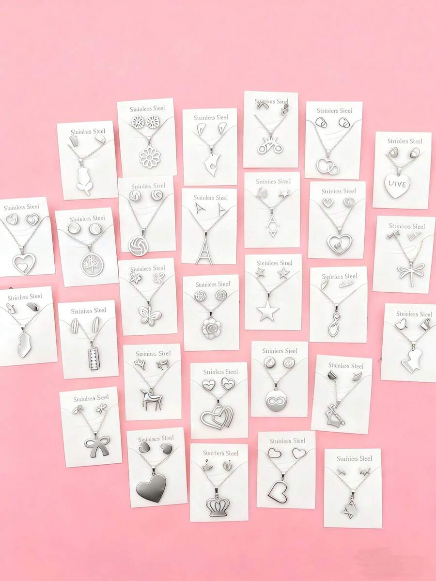 10Sets Fashion Butterfly Flowers Heart Stainless Steel Earrings And Necklace Set For Women Mix Style Jewelry Perfect For Casual Daily Wear
