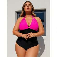 Women's Plus Size Resort Bikini – Colorblock Two-Piece With Supportive High Waist Fit - Hai màu - Xem 1