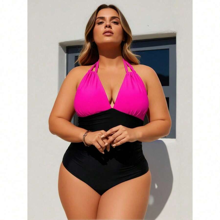 Women's Plus Size Resort Bikini – Colorblock Two-Piece With Supportive High Waist Fit - Hai màu - Xem 1