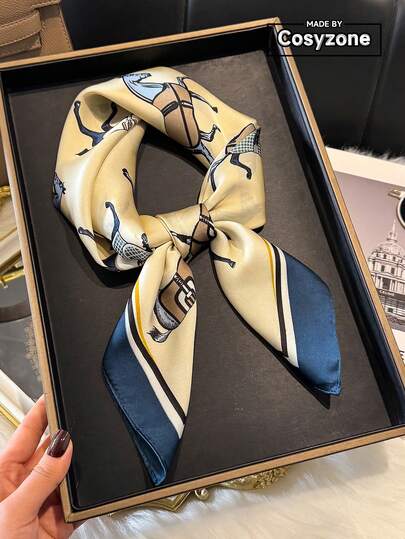1pc Elegant Silk-Like Multicolor Horse Print 27.6" Square Scarf, Suitable For Casual And Streetwear, Bandana, Headband, Outdoor Sun Protection Decoration