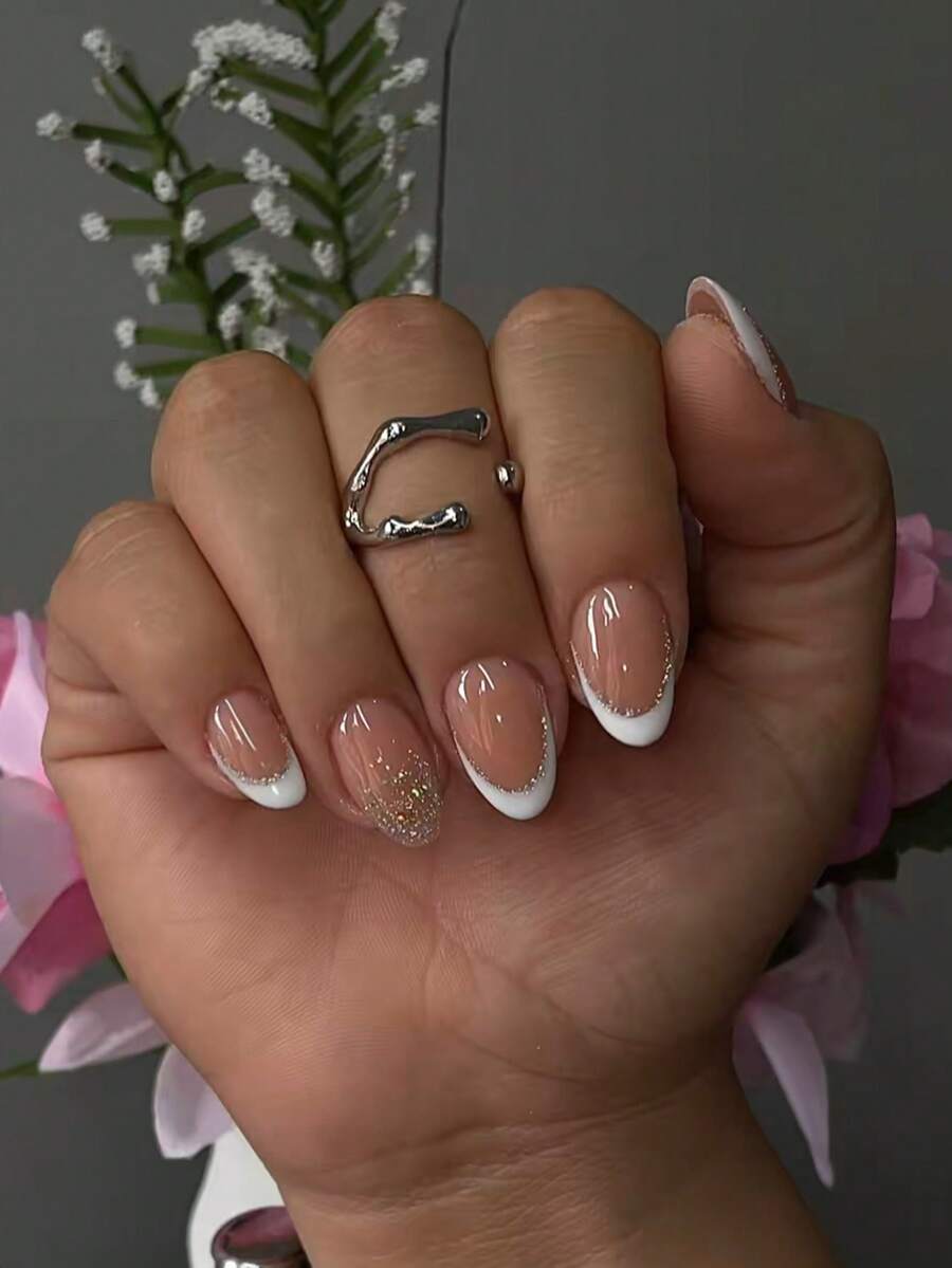 24片椭圆形短款裸粉色亮白色法式美甲贴纸套装，简约闪粉设计，亚克力材质，短款贴合假指甲套装，包含：1片果冻胶和1个指甲锉，适合女性和女孩日常工作、学习和派对使用。 - 彩色 - 查看 1