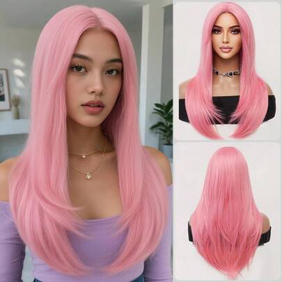 Rosa mittbelägen lång rak peruk 66 tum kvinnors naturliga raka peruk Fluffig, andningsbar, värmebeständig peruk av syntetfiber Perfekt för nybörjare för att skapa moderiktiga vardagliga looks Perfekt för dejter, fotograferingar, cosplay, eleganta fester, musikfestivaler, sammankomster Peruk