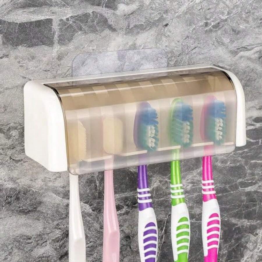 5 Slots Wall Mount Toothbrush Holder With Cover Self Adhesive Toothbrush Storage Organizer For Shower Toothbrush Hanger With Automatic Toothpaste Squeezer Dispenser - 白色+灰色 1包 - 查看 1