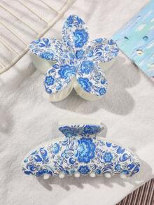 2件套ABS材质蓝白瓷牡丹花UV印花发爪，优雅菊花半圆形发夹组合，简约高端氛围派对头饰女士发爪夹时尚发饰优雅发夹休闲发夹 - 2件套裝-多色 - 查看 2