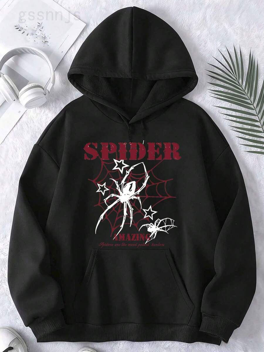 Men's Women's Hoodies Sweatshirt - Spider Pattern Back Print Pullover Sweatshirt, Pocket Design For Daily And Halloween Wear, Casual Street Style, Spider Theme Clothing, Comfortable Material, Youth Home Leisure Wear - 黑色 23 - 查看 1