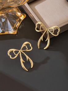 1 Pair Delicate Heart-Shaped Bow Stud Earrings For Women, Romantic Valentine's Day Gift (No Gift Box) - Yellow Gold - View 3
